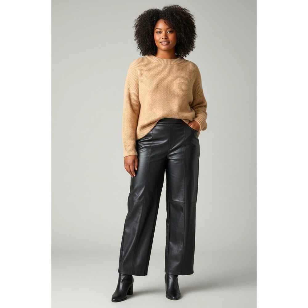 Susan Graver Graver Black Faux Leather Wide Leg Pull On Pants Size XL